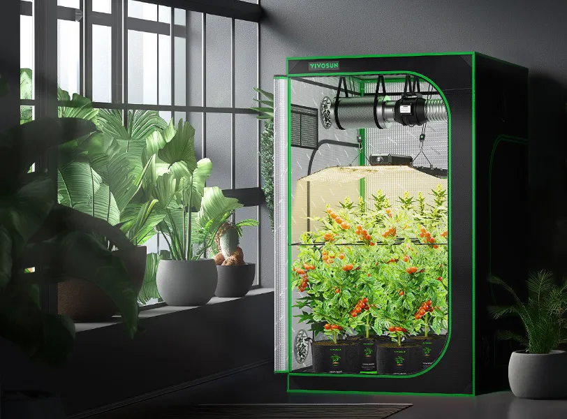 VIVOSUN 4x4 grow tent with plants beside a window